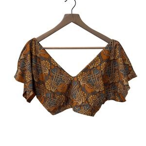 Albion Fit Crop Top Size M Orange Teal Botanical Flutter Sleeve Swim Top